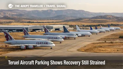 Parked widebody jets at Teruel Airport in Spain illustrate Teruel aircraft parking and slower airline recovery