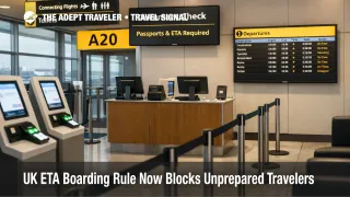 UK ETA boarding requirement shown at Heathrow check in and gate screening before UK departure processing
