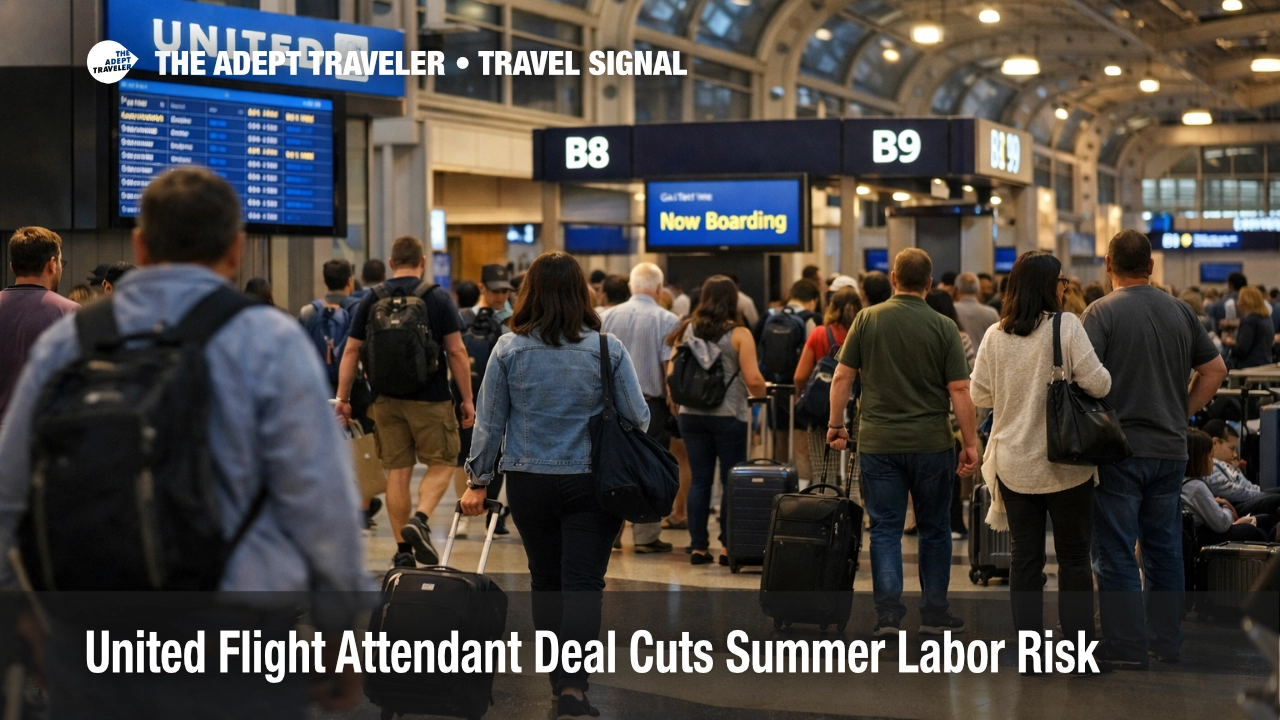 United flight attendant deal lowers summer labor risk as travelers move through a busy Chicago O'Hare gate area