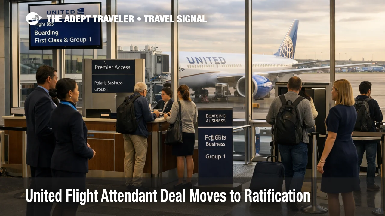 United flight attendant contract news shown by a United gate scene at Chicago O'Hare with boarding underway and crew visible