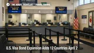 U.S. visa bond expansion shown in a consular interview area as April 2 rules raise B1 and B2 trip planning friction