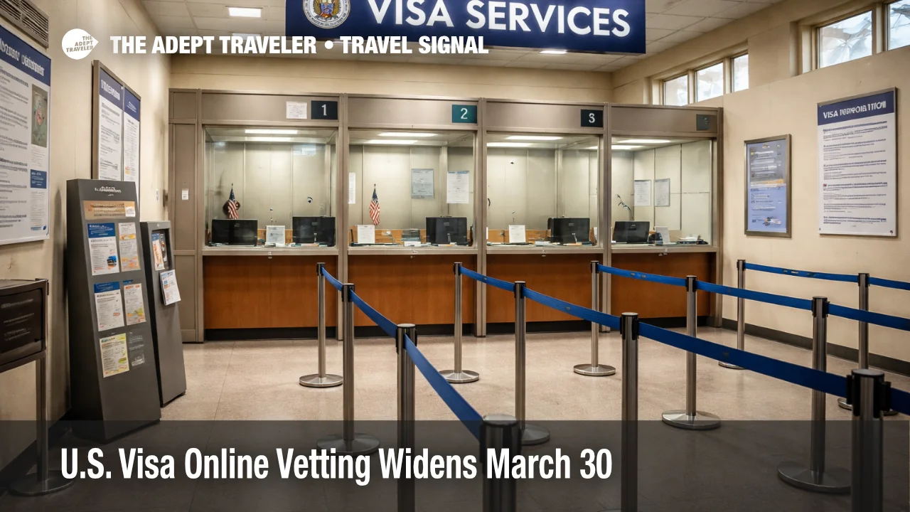 U.S. visa online vetting shown at a consular interview area where applicants face added screening from March 30.