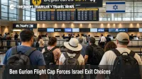 Ben Gurion flight cap shown by travelers waiting in a constrained departures hall at Tel Aviv airport