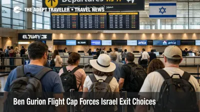 Ben Gurion flight cap shown by travelers waiting in a constrained departures hall at Tel Aviv airport