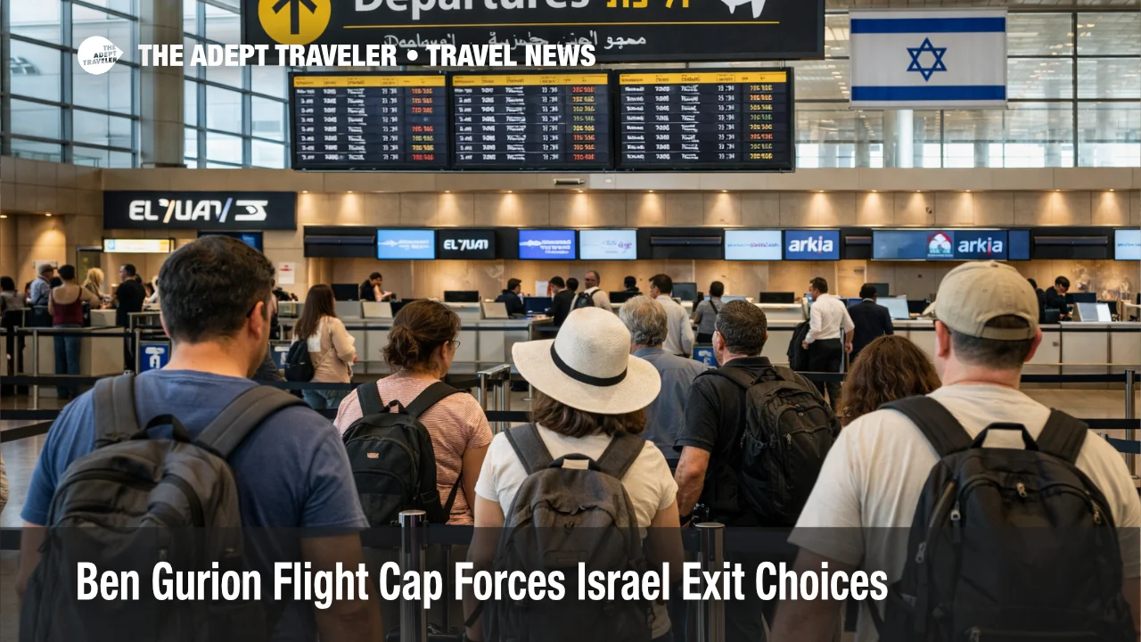 Ben Gurion flight cap shown by travelers waiting in a constrained departures hall at Tel Aviv airport