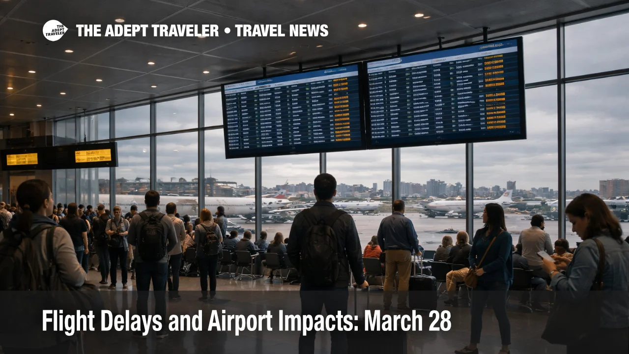 March 28 flight delays at LaGuardia show travelers waiting under departure screens during a slower New York airport day