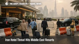 Middle East hotel threat scene showing heightened security at a Dubai luxury hotel entrance as travelers arrive