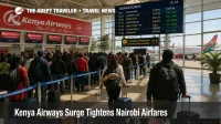 Crowded Nairobi departures hall shows Kenya Airways Nairobi fares rising as rerouted Gulf traffic fills flights