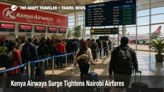 Crowded Nairobi departures hall shows Kenya Airways Nairobi fares rising as rerouted Gulf traffic fills flights