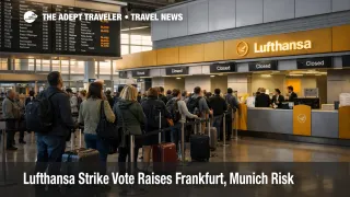 Lufthansa strike risk at Frankfurt Airport shown by longer check in queues and reduced counter staffing