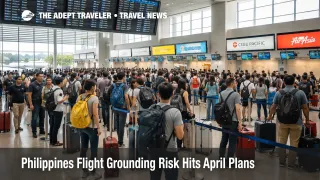 Travelers queue at Manila airport as Philippines flight grounding risk raises April rebooking pressure
