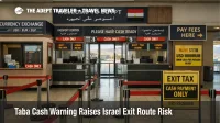Taba cash warning at the Egypt border crossing shows a controlled entry hall where cash only fees can delay Israel exits
