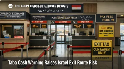 Taba cash warning at the Egypt border crossing shows a controlled entry hall where cash only fees can delay Israel exits