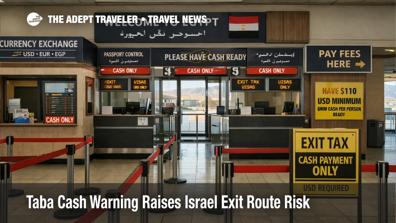 Taba cash warning at the Egypt border crossing shows a controlled entry hall where cash only fees can delay Israel exits