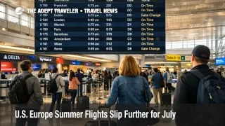 U.S. Europe summer flights shown on a JFK departures board as travelers watch July Europe departures and fares shift