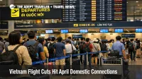 Vietnam flight cuts shown by crowded domestic check in lines at Tan Son Nhat as April connections grow less reliable