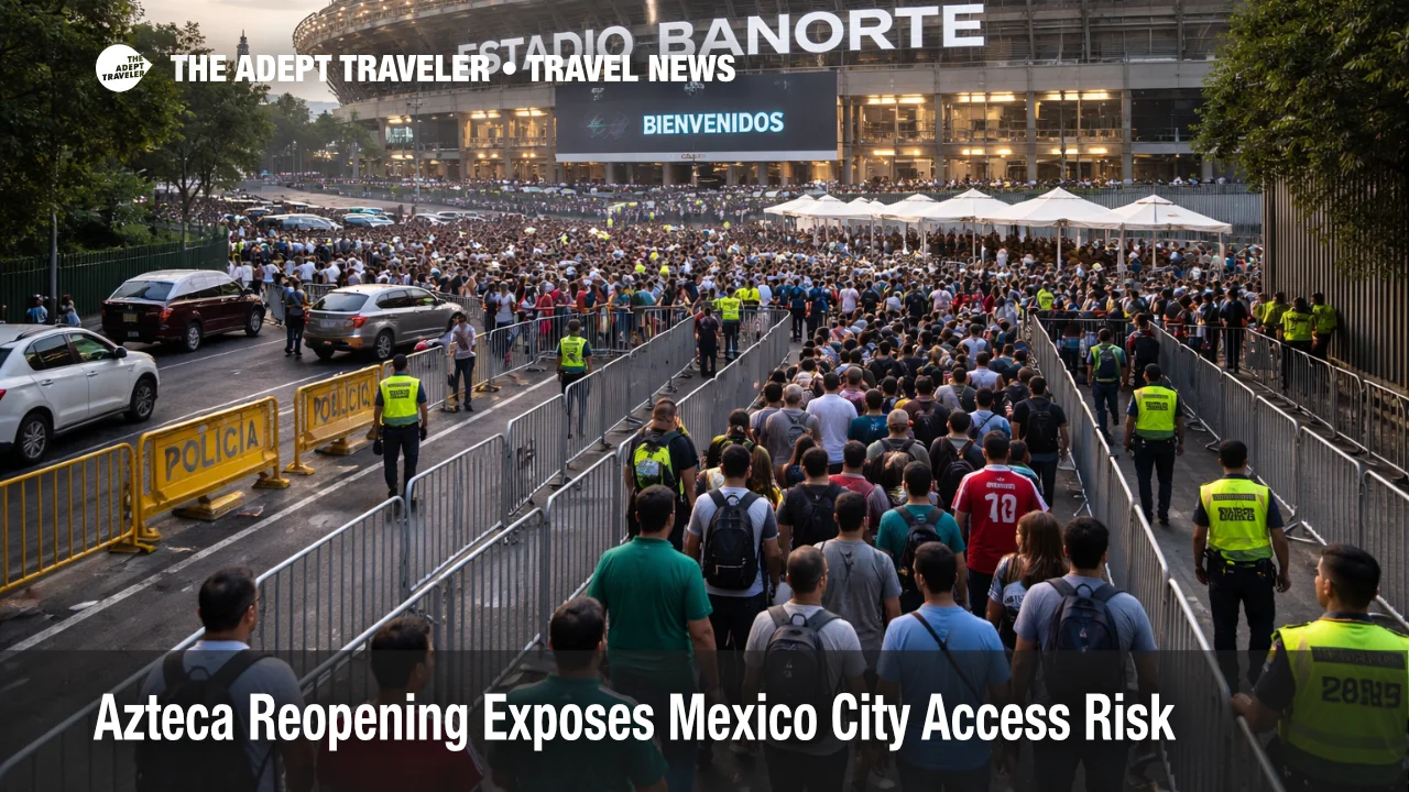 Crowds approach Estadio Banorte in Mexico City, showing Azteca stadium access risk ahead of the 2026 World Cup opener