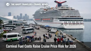 Carnival cruise price risk shown at PortMiami as travelers board a ship during rising fuel costs and tighter fly-cruise economics