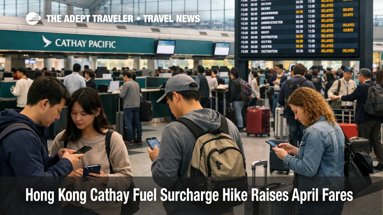 Cathay fuel surcharge increase shown at Hong Kong International Airport check in as long haul fares rise in April