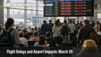 March 29 flight delays at LaGuardia show crowded gates and delay screens as New York airport disruption intensifies