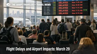 March 29 flight delays at LaGuardia show crowded gates and delay screens as New York airport disruption intensifies
