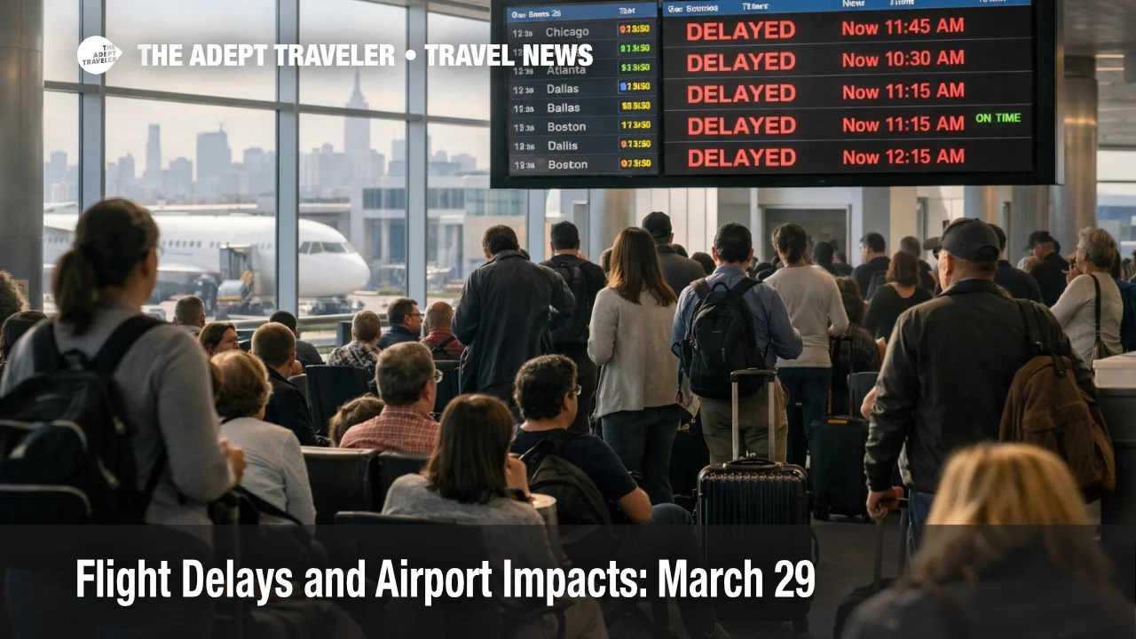 March 29 flight delays at LaGuardia show crowded gates and delay screens as New York airport disruption intensifies