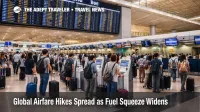 Global airfare hikes shown by check in queues at Hong Kong International Airport as fuel surcharges spread across airlines