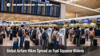 Global airfare hikes shown by check in queues at Hong Kong International Airport as fuel surcharges spread across airlines