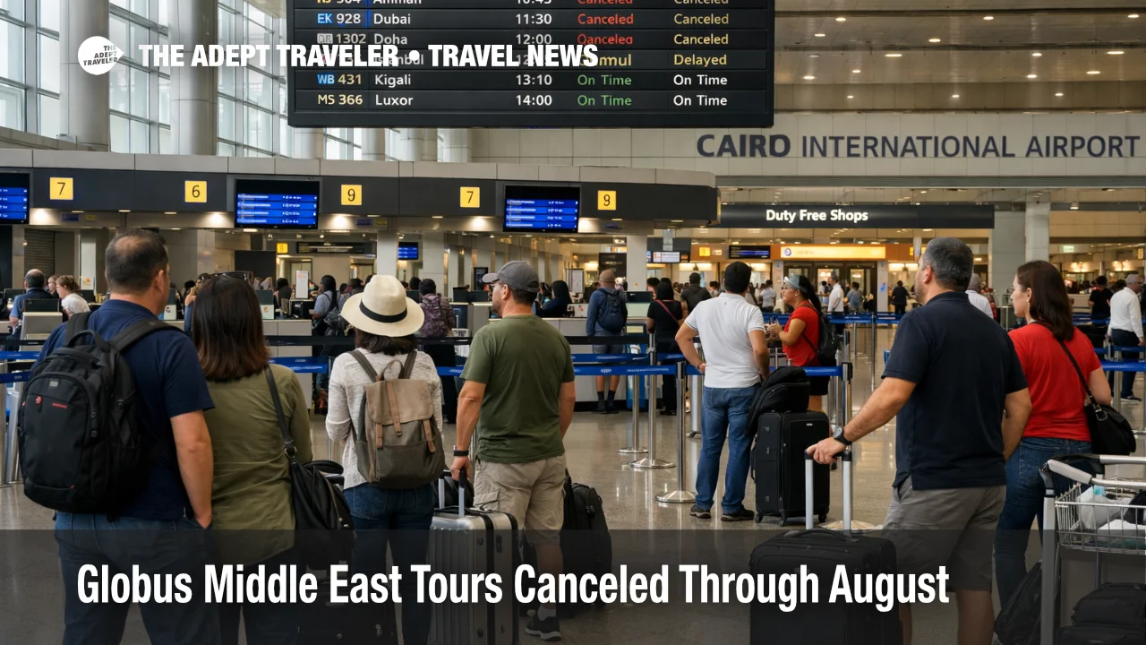 Travelers wait at Cairo airport check in as Globus Middle East tours cancellations hit Egypt summer departures