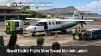 Hawaii electric flights concept at Honolulu airport shows a short haul commuter aircraft at gate turnaround
