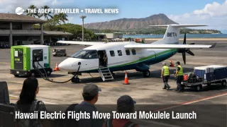 Hawaii electric flights concept at Honolulu airport shows a short haul commuter aircraft at gate turnaround