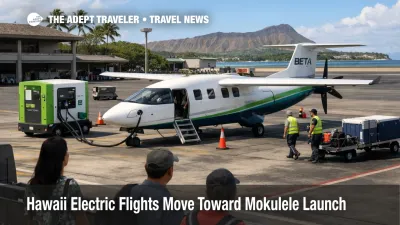 Hawaii electric flights concept at Honolulu airport shows a short haul commuter aircraft at gate turnaround