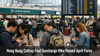 Cathay fuel surcharge increase shown at Hong Kong International Airport check in as long haul fares rise in April