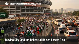 Mexico City stadium access risk at Estadio Banorte, with heavy fan arrivals and controlled road access before a test event