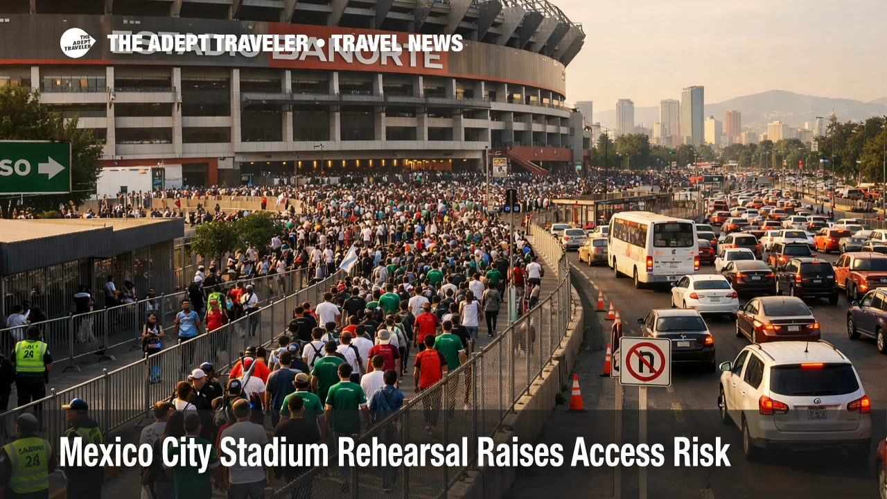 Mexico City stadium access risk at Estadio Banorte, with heavy fan arrivals and controlled road access before a test event