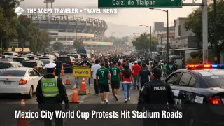 Mexico City World Cup protests slow stadium road access near Estadio Banorte as fans walk amid traffic controls