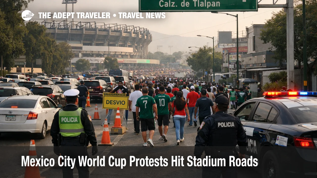 Mexico City World Cup protests slow stadium road access near Estadio Banorte as fans walk amid traffic controls