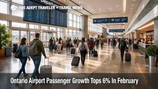 Ontario Airport passenger growth scene inside ONT shows a busy concourse and departing travelers in February 2026