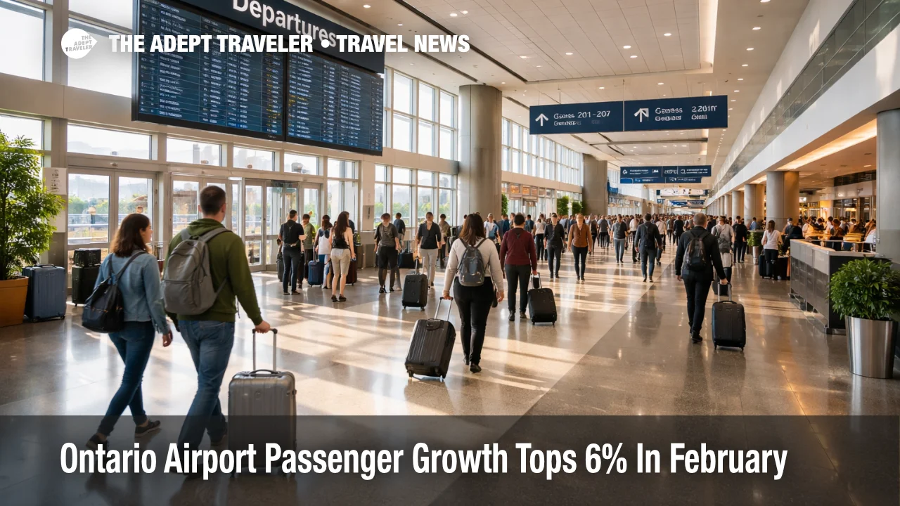 Ontario Airport passenger growth scene inside ONT shows a busy concourse and departing travelers in February 2026
