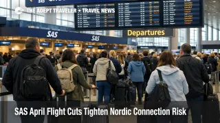SAS April flight cuts shown by queues and departure boards at Copenhagen Airport as Nordic connection risk rises