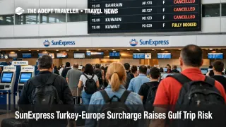 SunExpress Turkey Europe surcharge shown by travelers at Antalya Airport as Gulf connections remain fragile in spring 2026