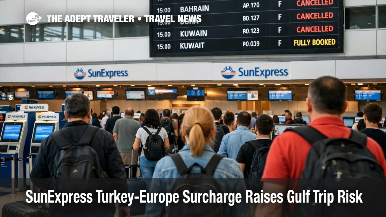SunExpress Turkey Europe surcharge shown by travelers at Antalya Airport as Gulf connections remain fragile in spring 2026