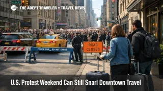 Downtown protest traffic delays in midtown Manhattan slow hotel arrivals and city center transfers during a U.S. protest weekend