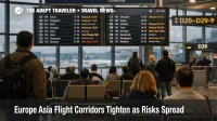 Travelers watch delays at Frankfurt Airport as Europe Asia flight corridors tighten and reroutes strain long haul connections