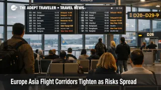 Travelers watch delays at Frankfurt Airport as Europe Asia flight corridors tighten and reroutes strain long haul connections