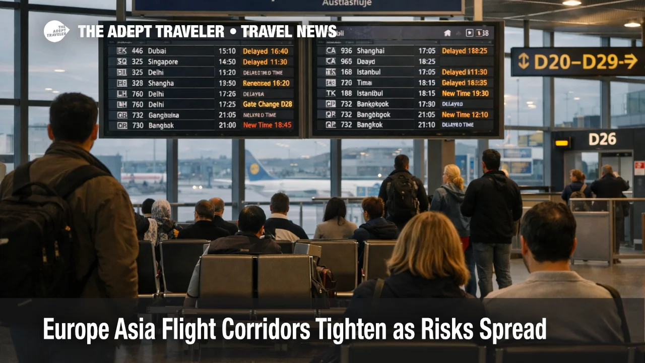 Travelers watch delays at Frankfurt Airport as Europe Asia flight corridors tighten and reroutes strain long haul connections