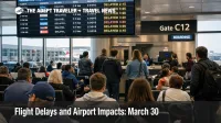 LaGuardia terminal crowd under delay screens shows March 30 flight delays hitting New York airport connections