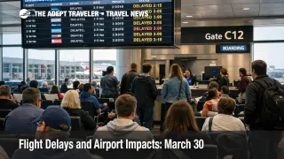LaGuardia terminal crowd under delay screens shows March 30 flight delays hitting New York airport connections