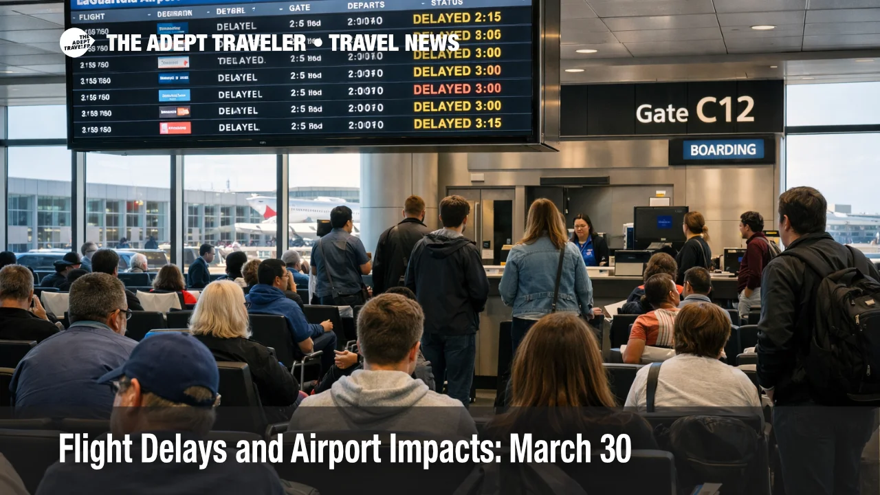LaGuardia terminal crowd under delay screens shows March 30 flight delays hitting New York airport connections