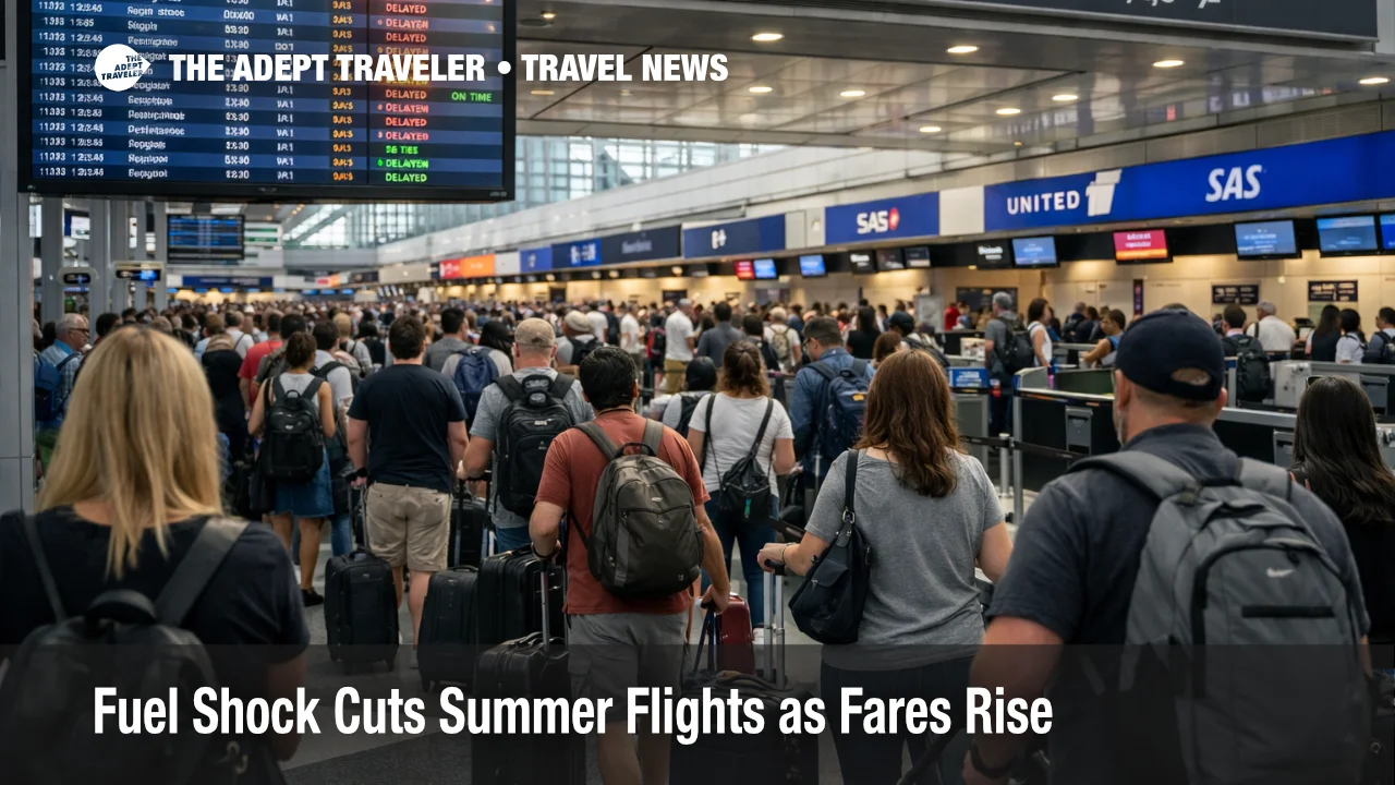 Summer flight cuts shown by crowded check in lines and departure boards at Chicago O'Hare during rising fuel pressure